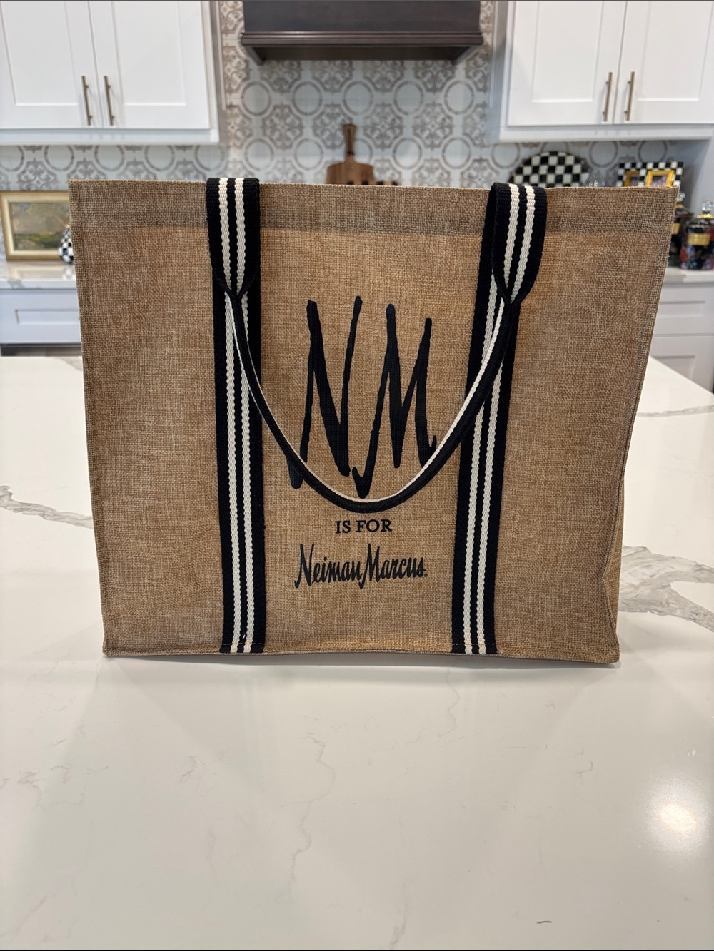 Neiman Marcus Natural Jute Tote with Black & White Striped Handles